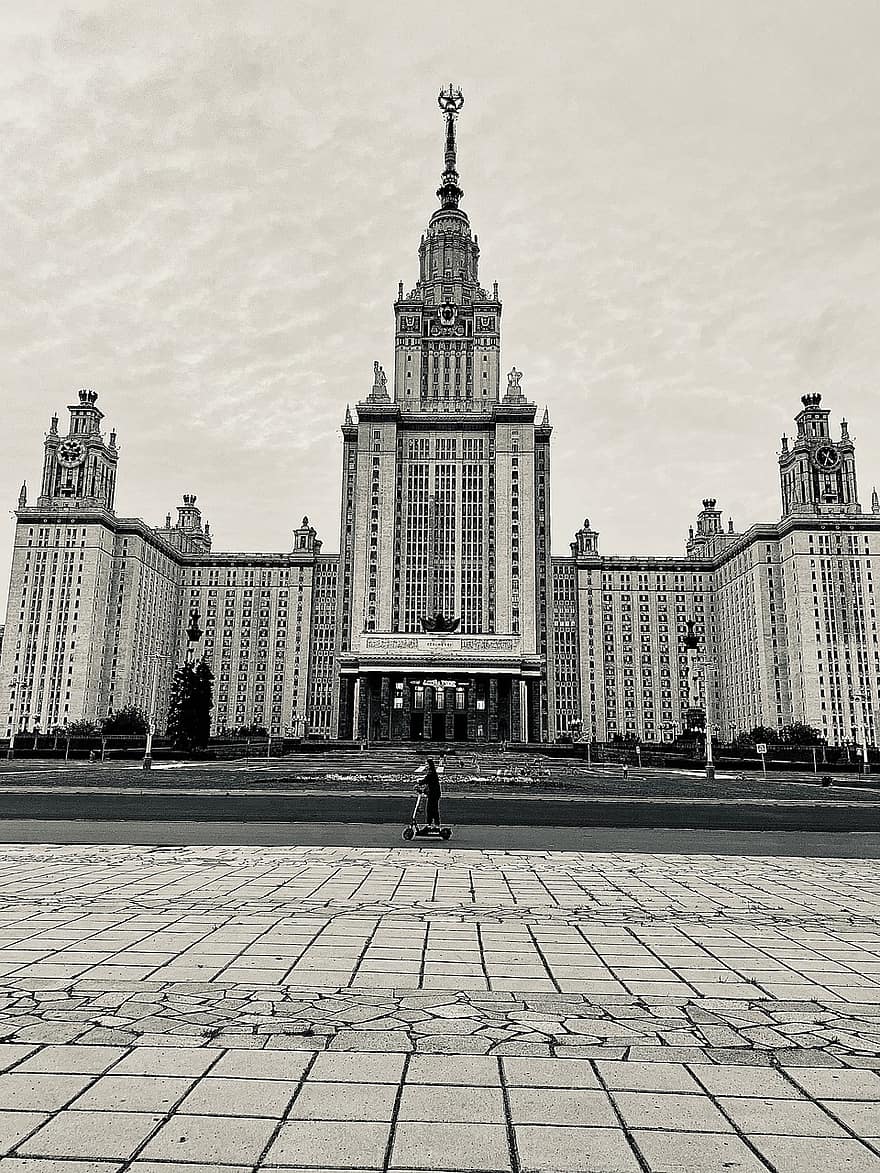 Moscú, Universidad estatal de Moscú, arquitectura, edificio, en blanco y negro