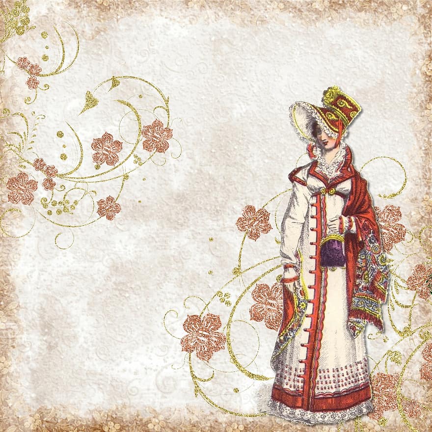 sfondo, modello, Vintage ▾, donna, divano, XIX secolo, vestito, rosso, cappello, moda, scrapbooking