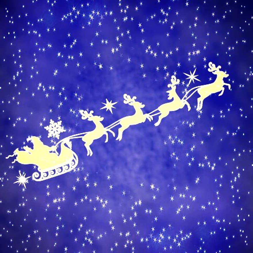 Papai Noel com Rena, céu estrelado, Natal, rena, treinador, época de Natal, fundo, Estrela, brilhando, céu, cartão postal