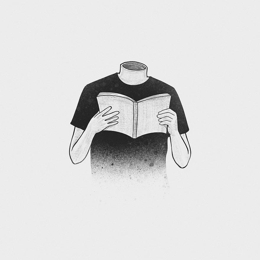 lezing, zonder hoofd, surrealistische, boek, roman, lezer, persoon, verschrikking, leegte, tekening, schilderij