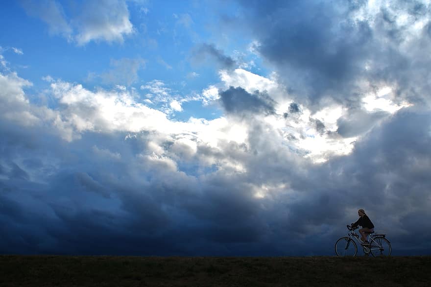 Cycling, Cycle, Sky, Cloudburst, Girl, Bike, Nature, Silhouette, Dramatic, Background, Screensaver