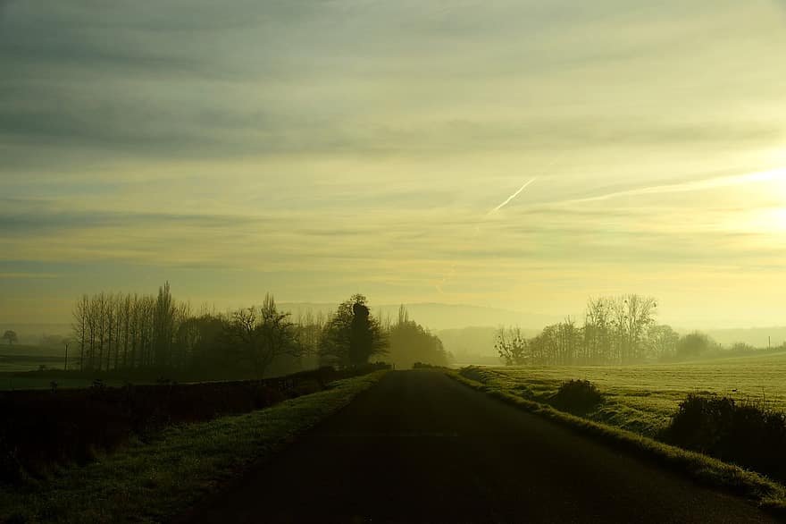 carretera, boira, camps, horitzó, cel, al matí, boira del matí, boirina, rural, camp, paisatge