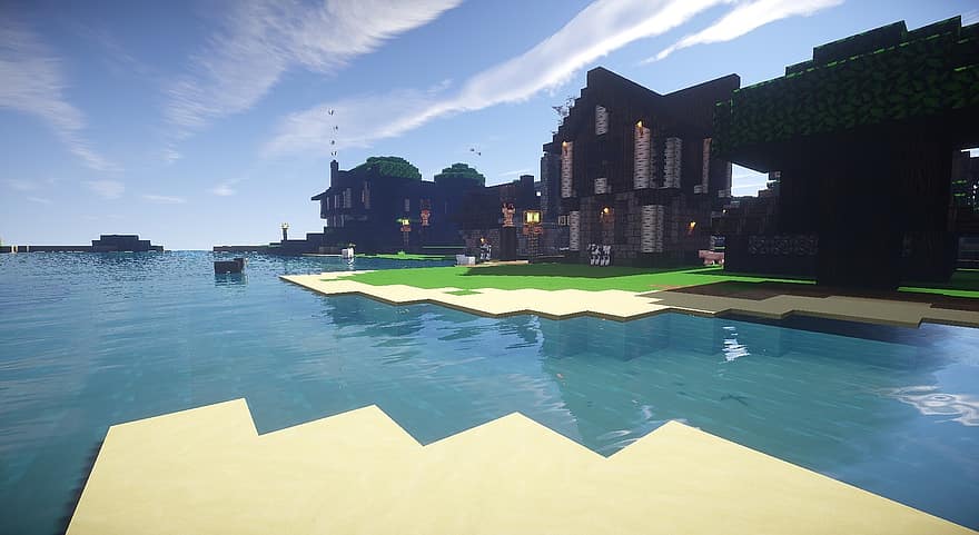 Minecraft, rio, Construção medieval, casa, construir, medieval