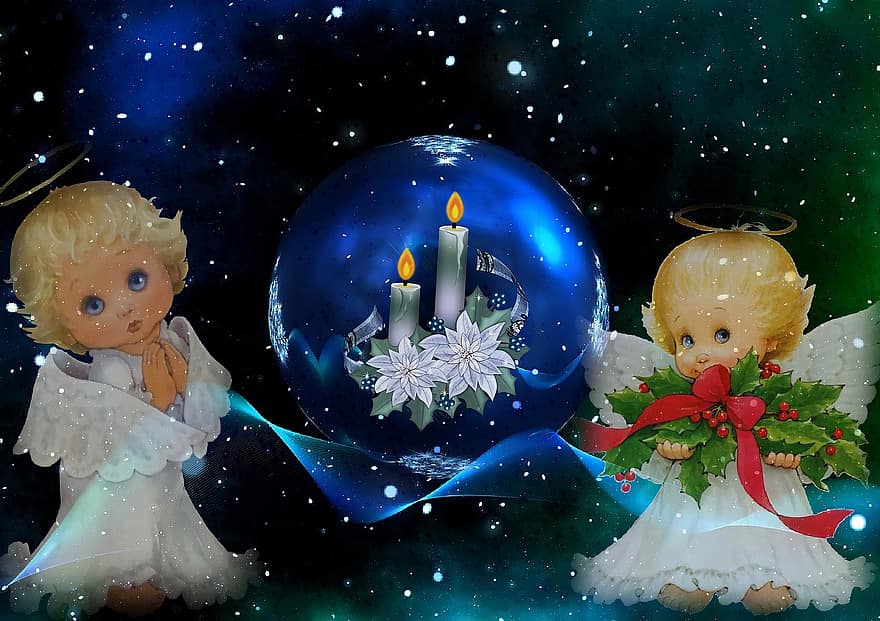 Noël, ange, Sapin de Noël, contemplatif, or, bleu, bougies, arrangement de fleurs, fête, décoration, hiver