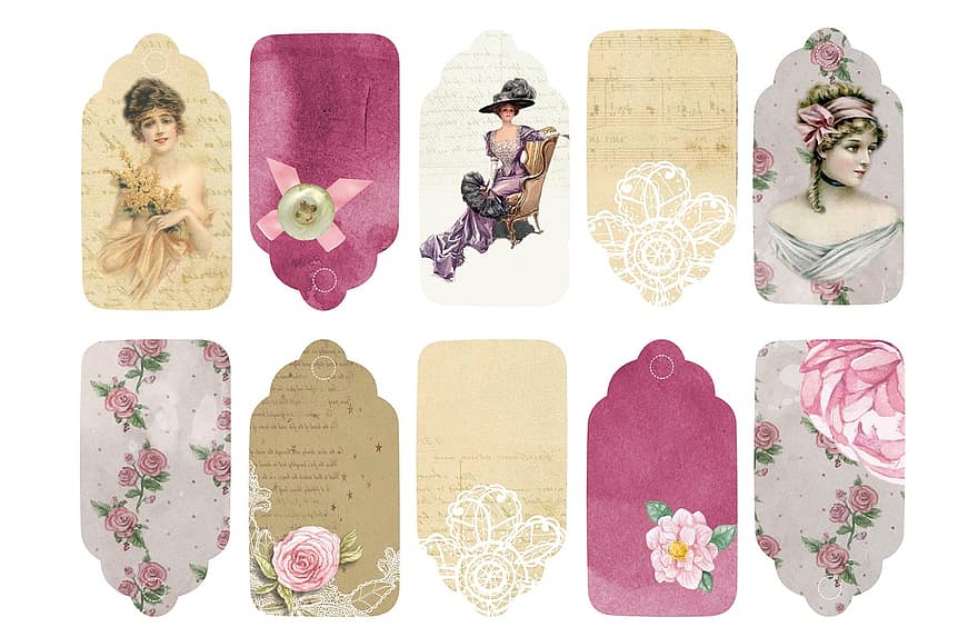 vintage, Wanita, tag, romantis, berwarna merah muda, Victoria, tua, antik, bunga aster, bunga, wanita