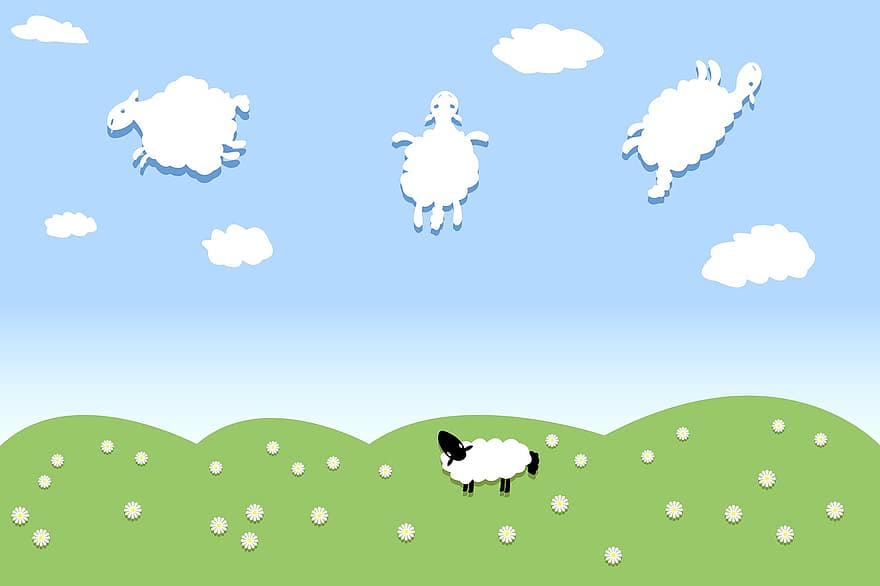 Clouds, Sky, Day, Childish, Kid, Baby, Sheep, Dream, Fantasy, Vector, Image