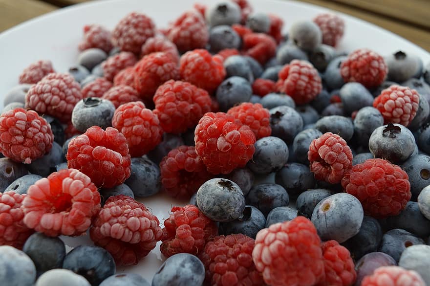 hindbær, blåbær, bær, friske bær, friske frugter, frugter, høst, fremstille, organisk, mad, frisk