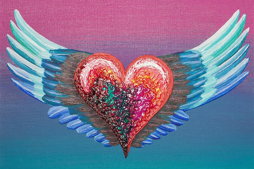 Heart, Wing, Love, Luck, Painted, Wedding, Romance, Gift, Red, Orange, Pink