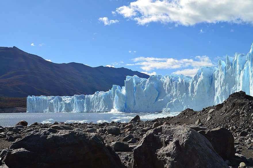 gletsjer, ijs-, meer, water, bevroren, bergen, koude, bevroren meer, rotsen, stenen, toneel-