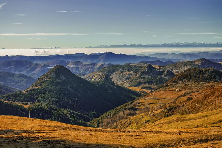 горы, горный хребет, гористый, долины, пейзаж, природа, горизонт, boutieres, Овернь, Франция
