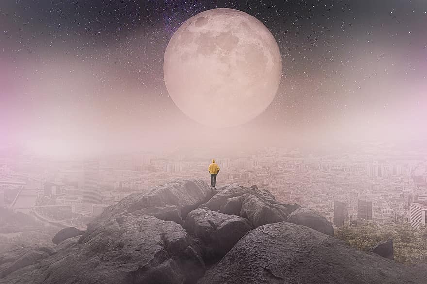 Luna, persona, ciudad, niebla, noche, solitario, estrellas, solo, acantilado, piedra, estado animico