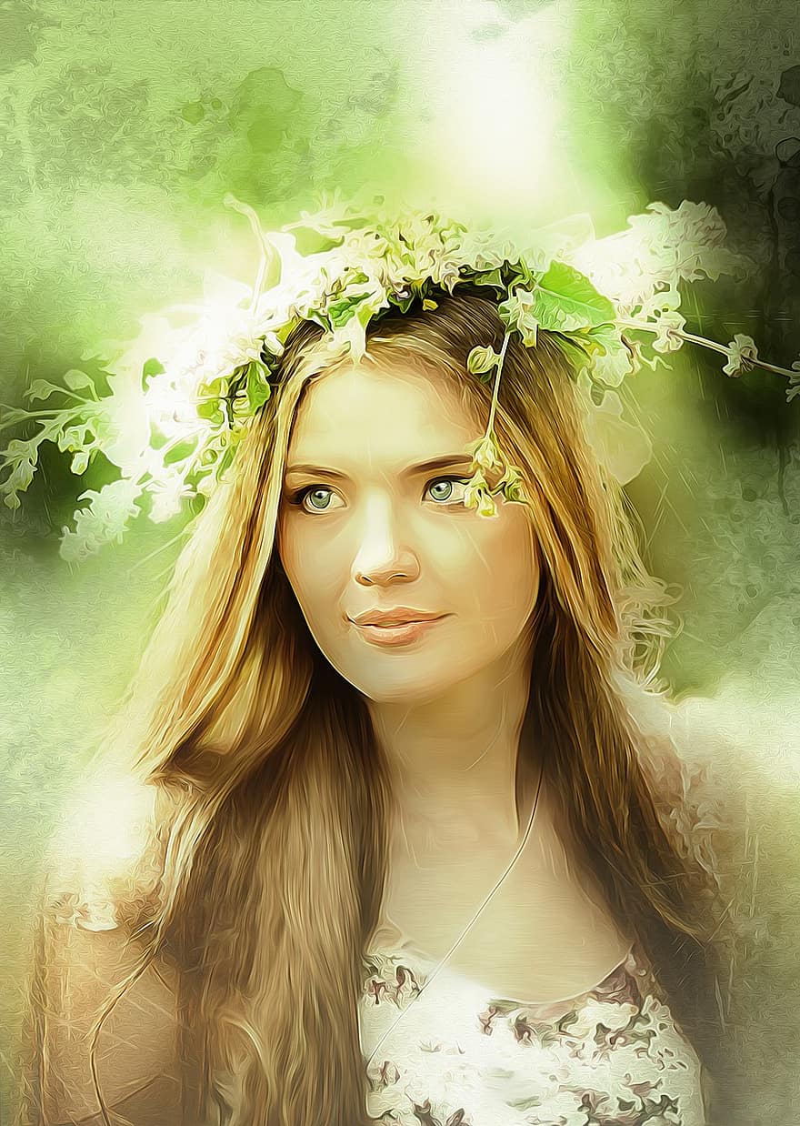 kvinna, keltisk kvinna, lady, ung, skönhet, porträtt, skog, blommor, Skogens gudinna, fantasi