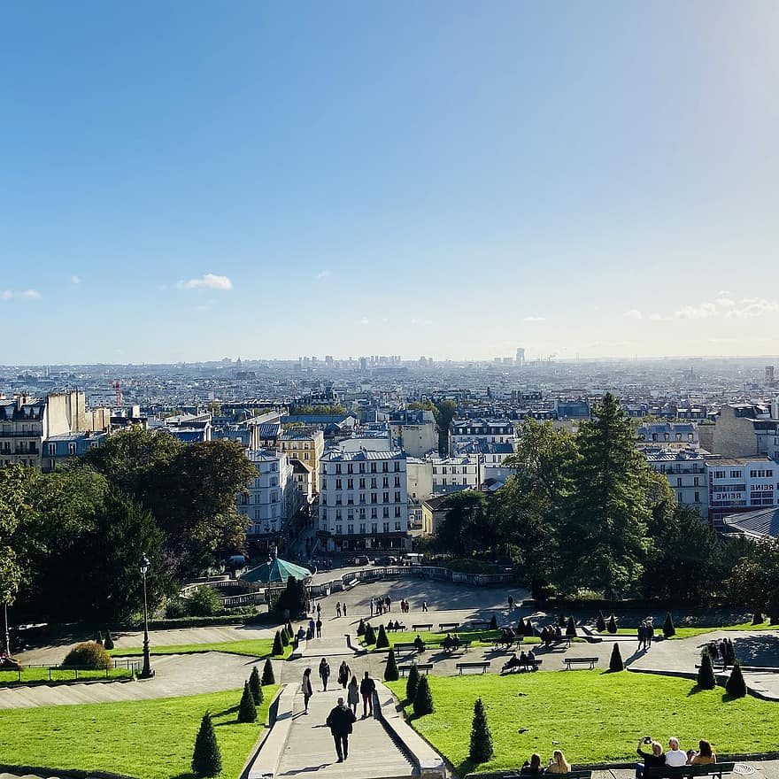 montmartre, Paříž, město, park, letecký pohled, krajina, slunečný den, panoráma města, slavné místo, architektura, městské panorama