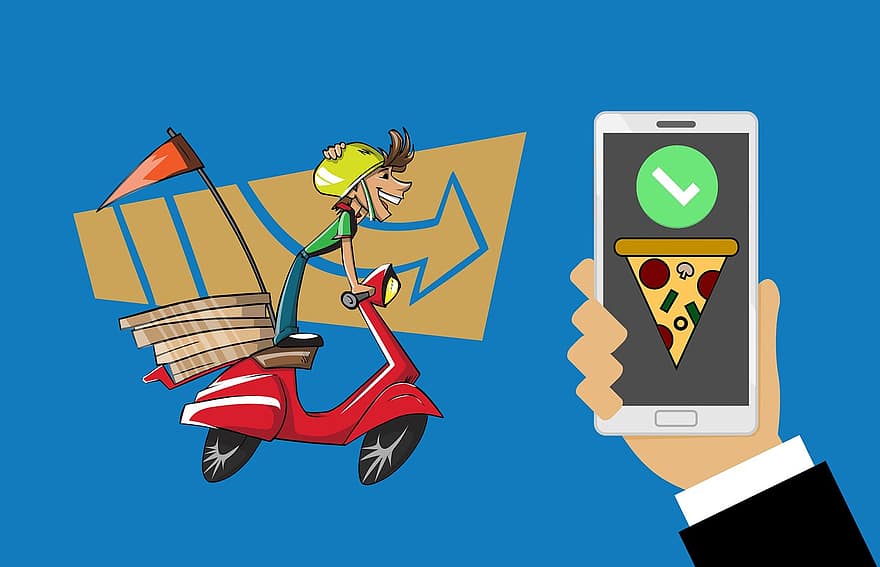 Pizza, dostawa, rower, zamówienie, online, ekran, usługa, mądry, skuter, podanie, smartfon