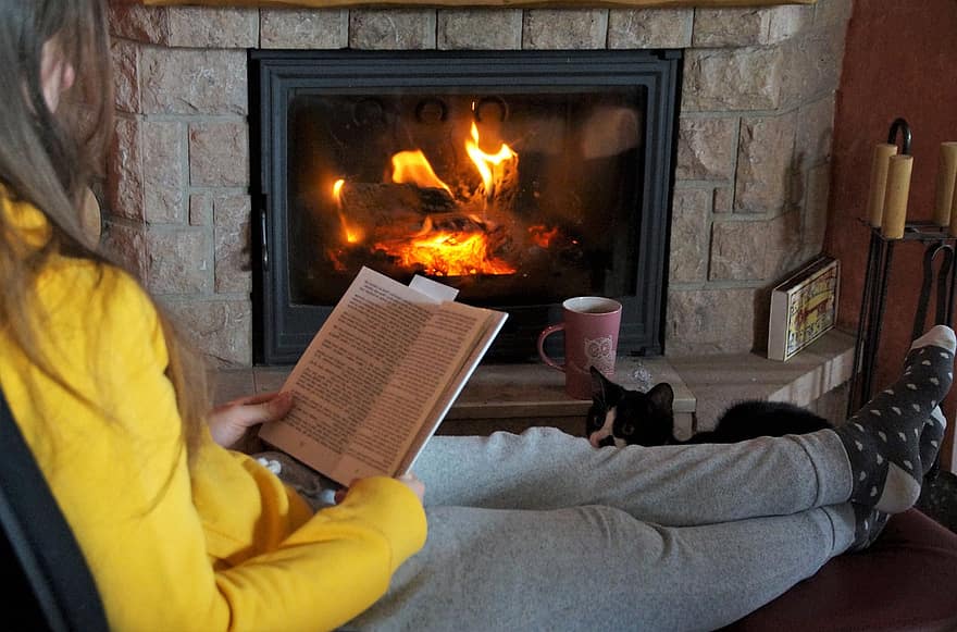 cheminée, Feu, lis, livre, flammes, chaleur, maison, paix, des loisirs, confortable