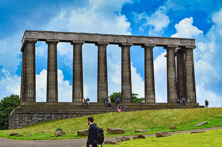 Monument, Architecture, Pillars, Calton Hill, Sky, Clouds, Scotland, National Monument Of Scotland, Place Of Interest, Historical, Landmark