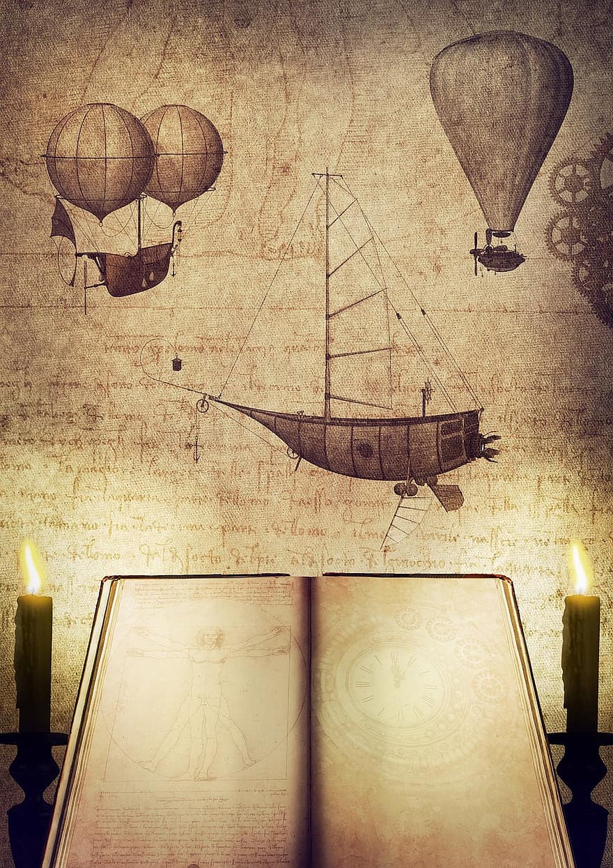 oppfinnelser, bok, stearinlys, luftfart, Leonardo da Vinci, menneskelig, den vitruvianske mannen, steampunk, klokke, tid, varmluftsballong
