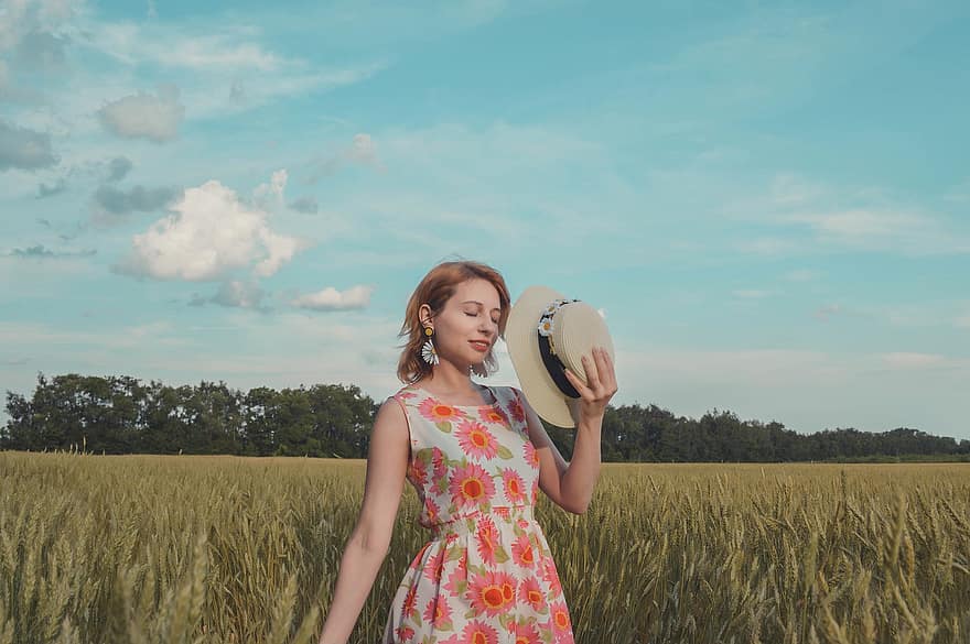 поле, дівчина, сукня, шапка, пшениця, відкритий простір, природи, сільське господарство, крупи, урожай, ніва