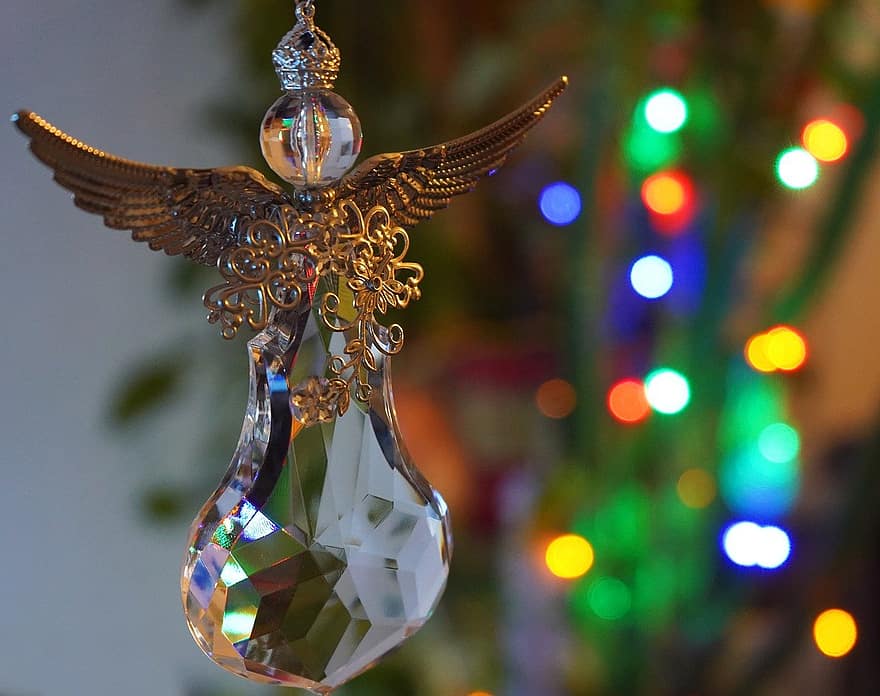 kýč, anděl, světlo, krystal, postava, Vánoce, dekorace, oslava, lesklý, detail, svítí