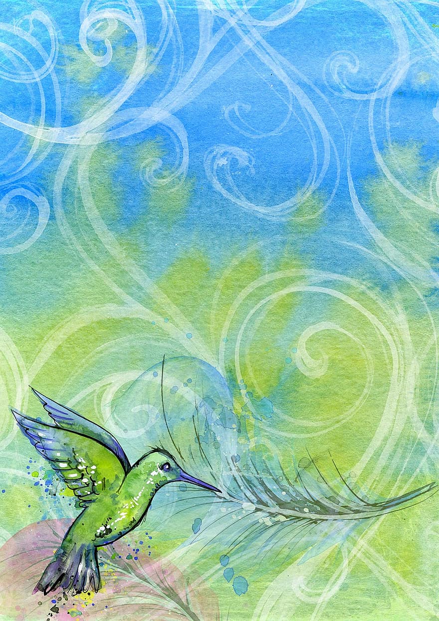 papel, verde, azul, moderno, pájaro, colibrí, suave, romántico, papel pintado, álbum de recortes, fondo