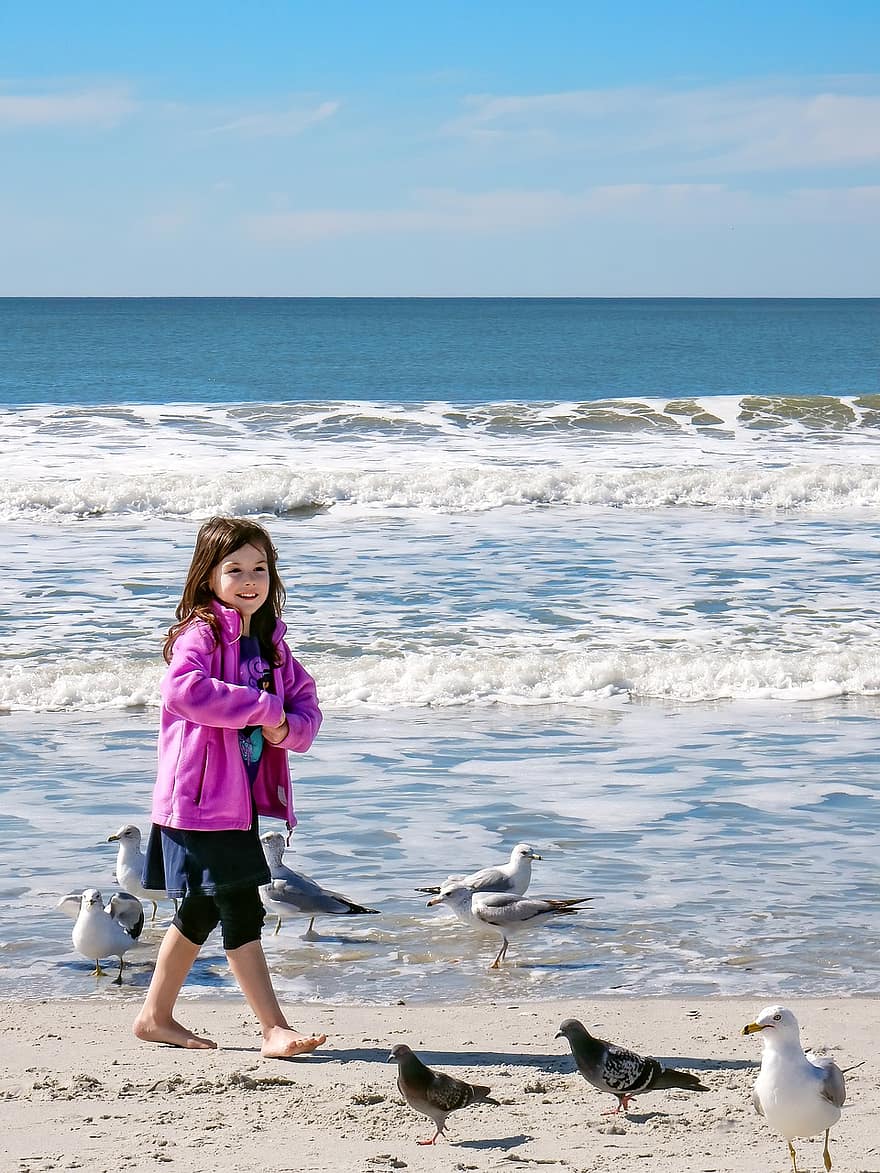 Girl, Female, Young, Happy, Smiling, Walking, Sea Gulls, Beach, Sand, Shore, Ocean