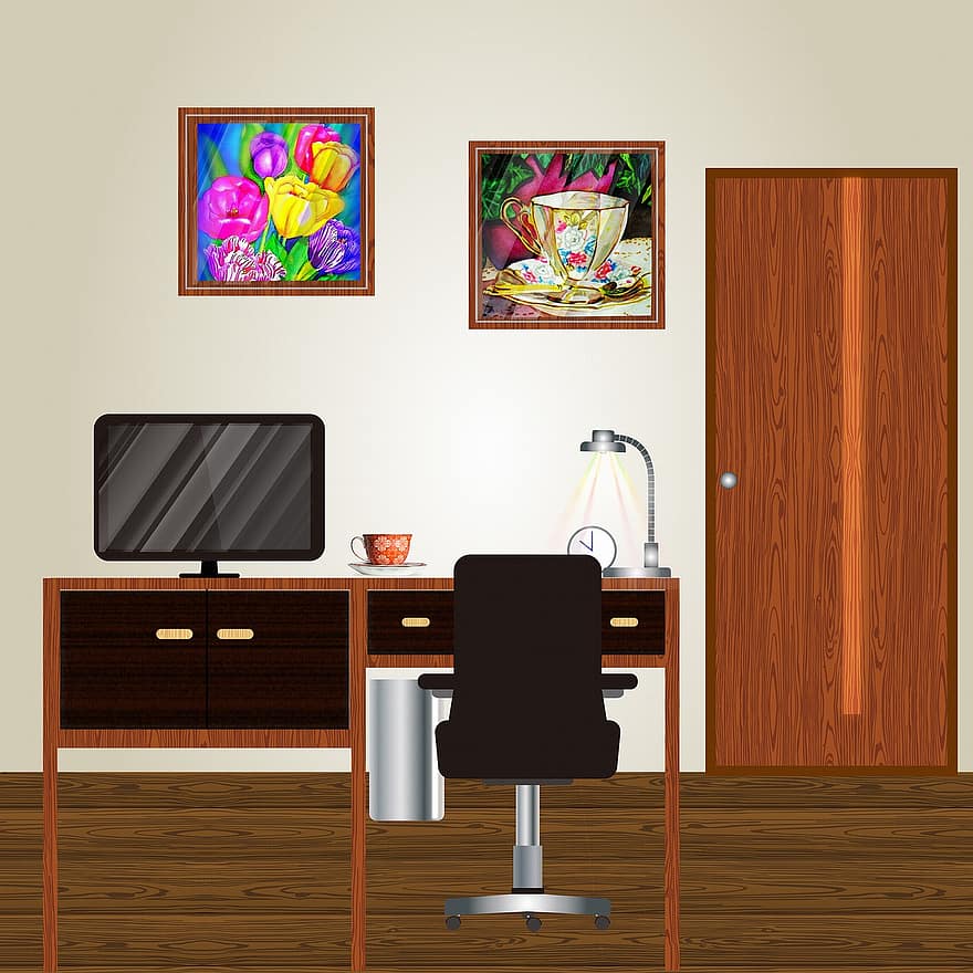 방, 책상, 컴퓨터, 텔레비전, 휴대용 퍼스널 컴퓨터, 사무실, 사업, 모임, 표, 삽화, 커피