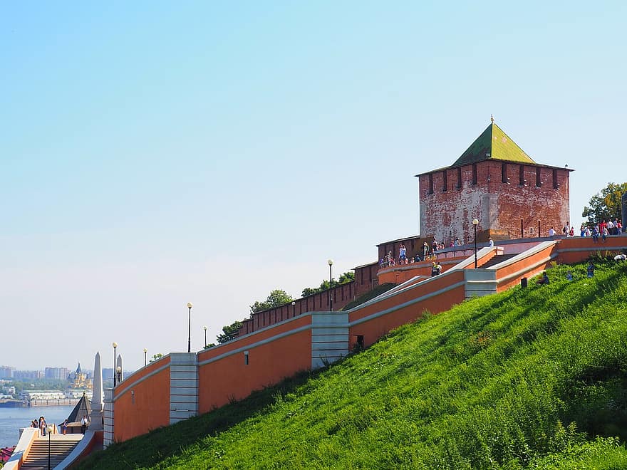 Chkalov Trappen, Rusland, Nizhny Novgorod, landschap, architectuur, Christendom, Bekende plek, zomer, geschiedenis, religie, blauw
