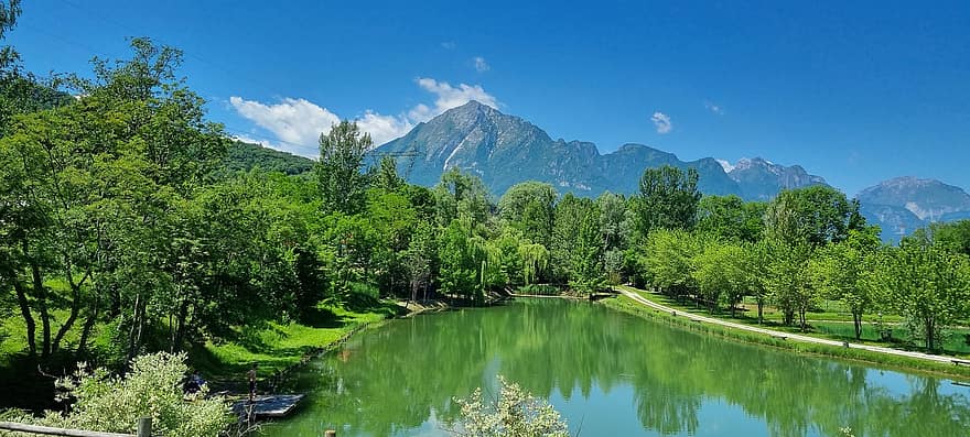 estany, llac, arbres, bosc, muntanyes, piscicultura, estiu, muntanya, paisatge, color verd, aigua