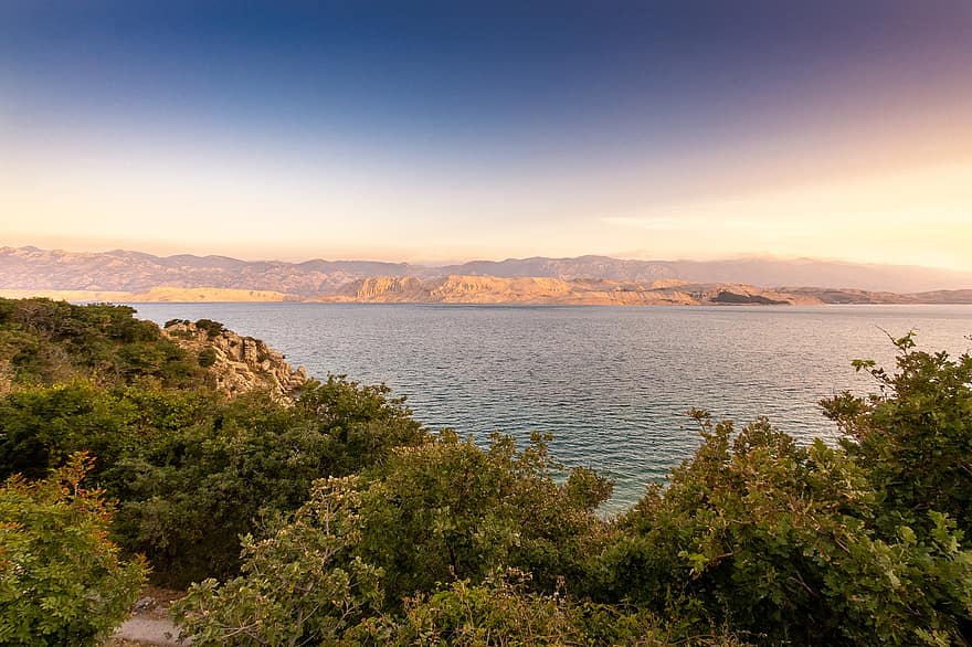 panorama, ilhas kornati, mar, Croácia, agua, mar Adriático, Dalmácia, azul, por do sol, tarde, natureza