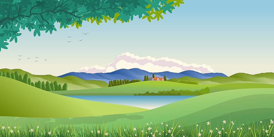 Illustration, Background, Landscape, Nature, Mountains, Sky, Clouds, Hills, Green, Blue, Lake