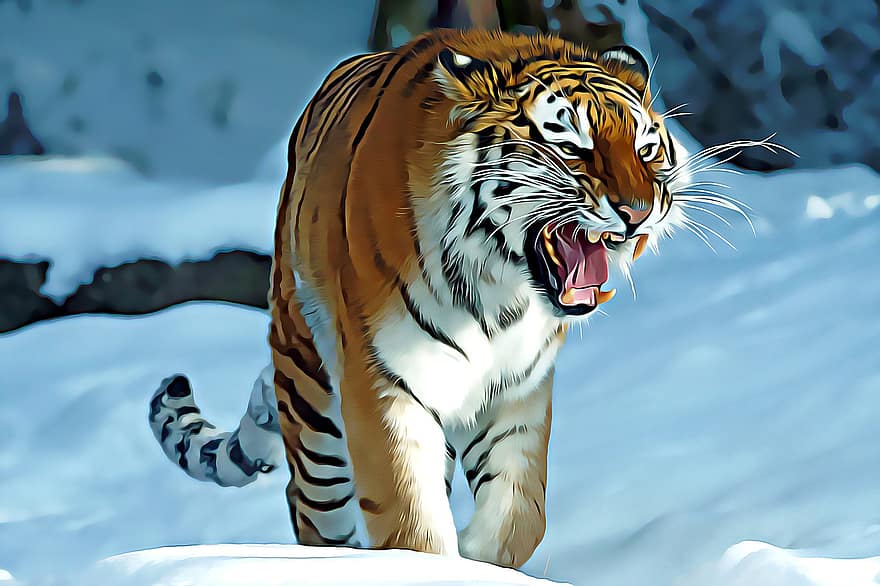 虎、捕食者、ネコ、動物、野生動物、油絵、ペインティング、野生の動物、猫科、ベンガルトラ、縞模様