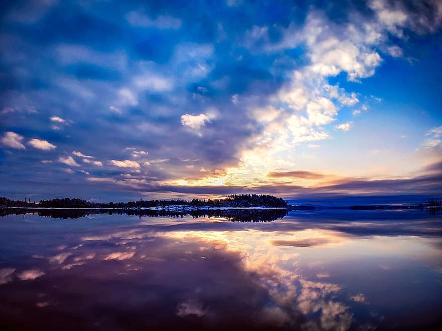 Clouds, Sunset, Lake, Trees, Sky, Mirroring, Mirror Image, Reflection, Water Reflection, Dusk, Twilight