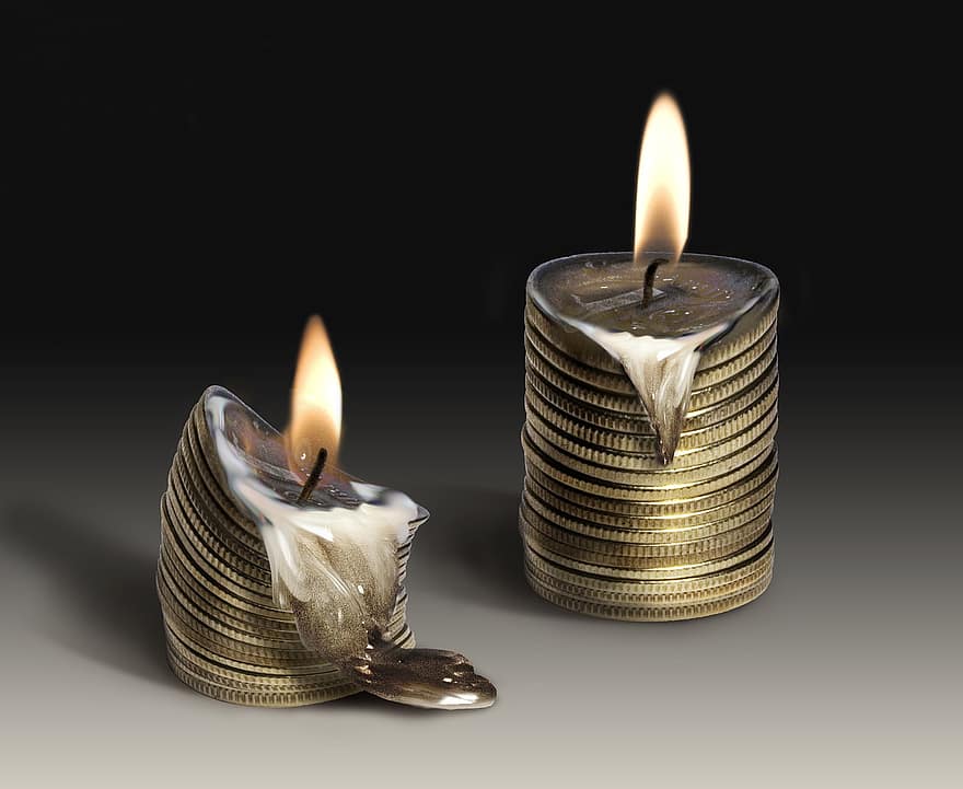 žvakė, monetos, infliacija, simbolika, pinigų, valiuta, finansuoti, nuosmukis, krizę, ekonomika