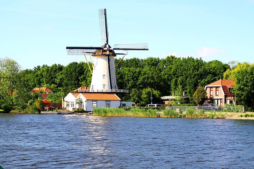 ветряная мельница, воды, деревья, дома, роттердам, городок, деревня, летом, сельская сцена, архитектура, пейзаж