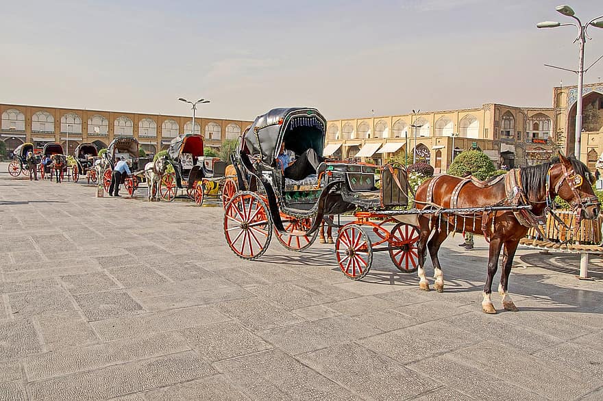 Iran, naqsh-e jahan -aukio, valmentaja, Isfahan, hevonen, kuljetus, viljelmät, matkustaa, kuuluisa paikka, liikennemuoto, matkailu