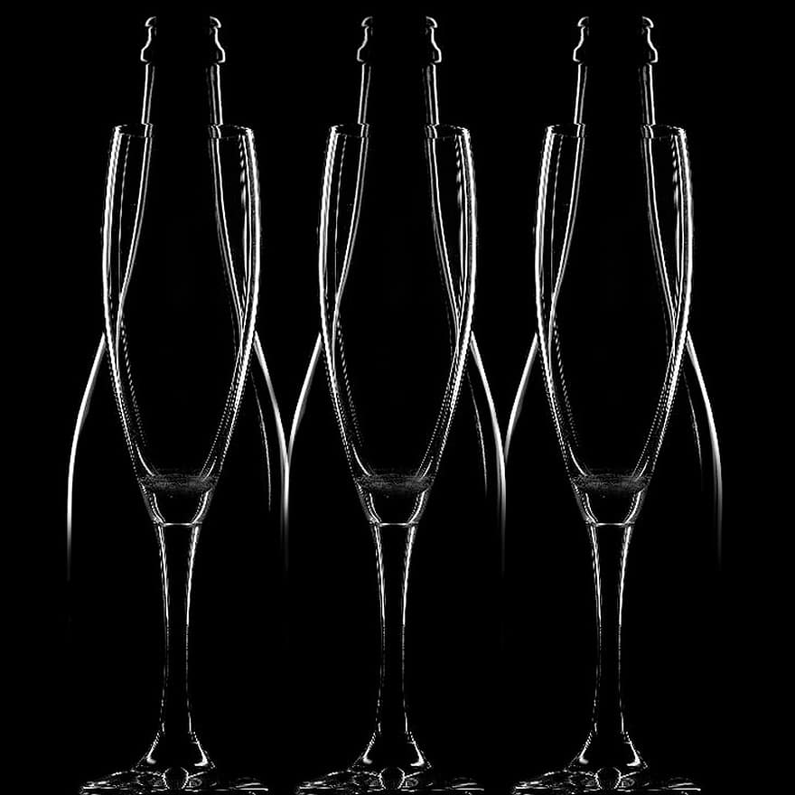 flaskor, glasögon, glas, vinglas, dryck, koppar, dekorativ