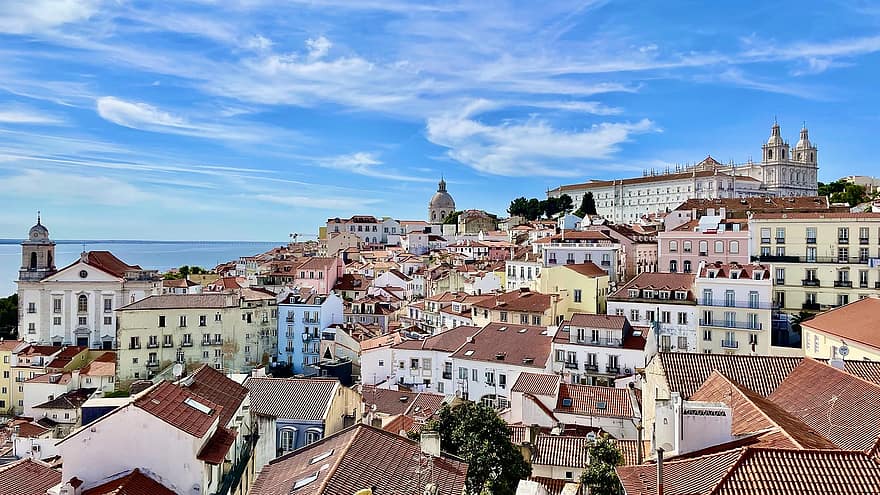 case, estate, sole, prospettiva, Lisbona, Portogallo, tetto, posto famoso, paesaggio urbano, architettura, esterno dell'edificio