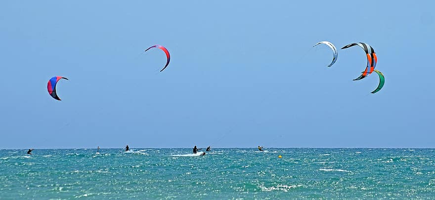 kitesurfing, sport, aktivitet, hav, moro, handling, flying, ekstremsport, sommer, kiteboarding, blå