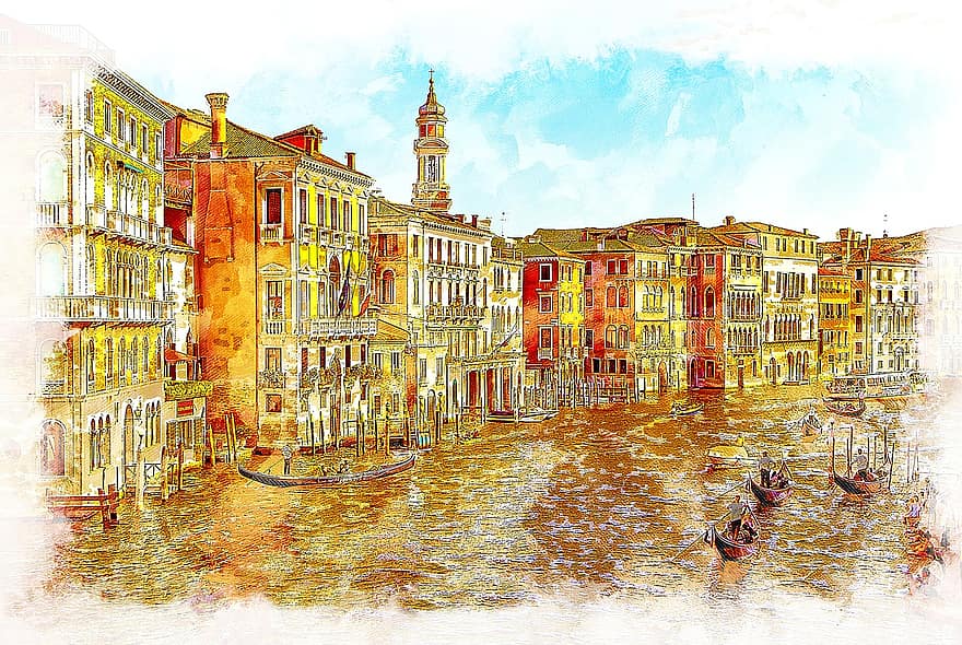 Venetië, Italië, boten, stad, stedelijk, gebouwen, bezienswaardigheden, toerisme, historisch, digitale kunst, digitaal schilderij