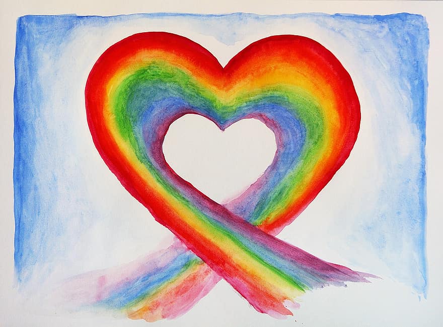 akvarel, maleri, farverig, farve, regnbue, kærlighed, hjerte, tegning, Regnbuehjerte, romantisk, romantik