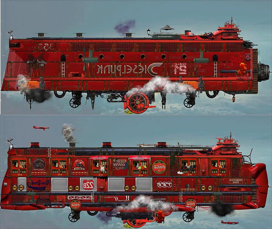 dirigible, steampunk, fantasia, Dieselpunk, Atompunk, ciència ficció, transport, indústria, locomotora, vies del ferrocarril, vapor