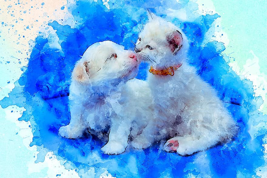 Dog, Cat, Friendship, Art, Watercolor, Vintage, Kitty, Puppy, Abstract, Animal, Artistic