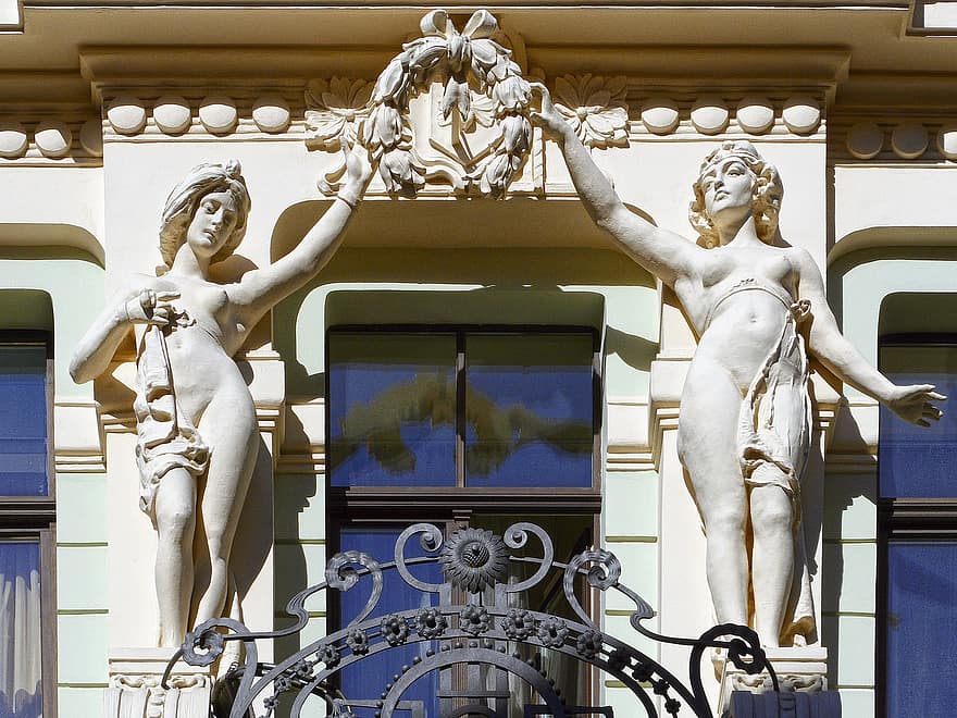 Art Nouveau, fasad, Arsitektur, fasad rumah, bangunan, pusat bersejarah, ceria, main-main, separatis, riga, Latvia