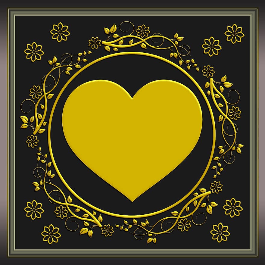 バックグラウンド、心臓、ロマンチック、愛、バレンタイン、黄、枠組み、カード