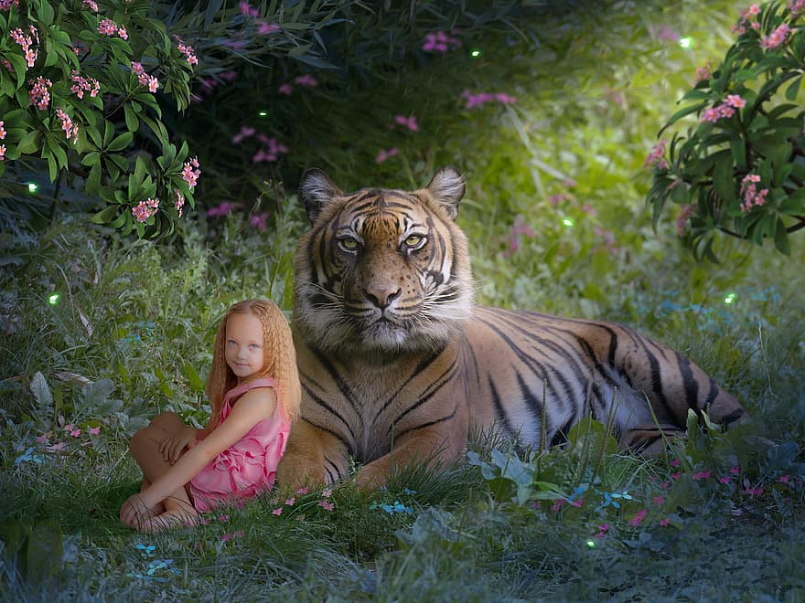 Tiger, kleines Mädchen, Garten, Wiese, Tier, Tierwelt, Natur, süß, gestreift, Gras, undomestizierte Katze