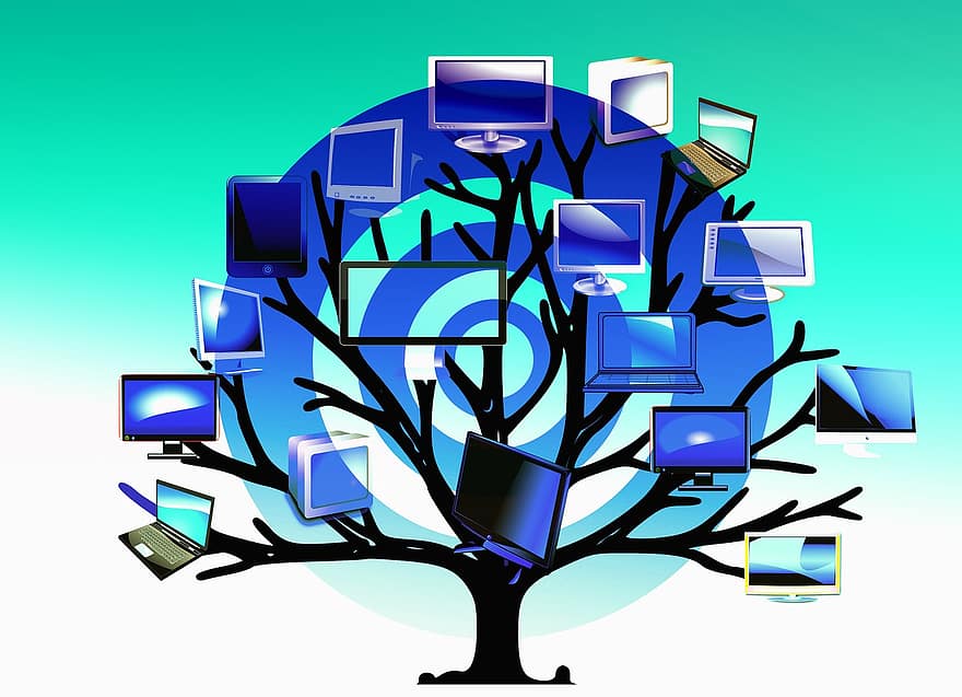 strom, monitor, obrazovka, uspořádání, poboček, struktura, sítí, Internet, síť, sociální, sociální síť