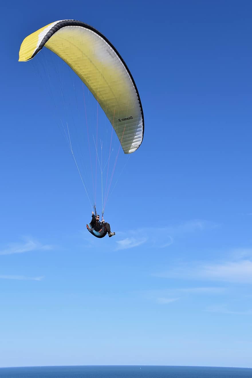 varjoliito, paraglider, ottaa pois, lentää pois, varjoliidin siipi, ilma-alus, Siipirivat Diamir2, lentää, linjat, purjehdus sininen, ilma