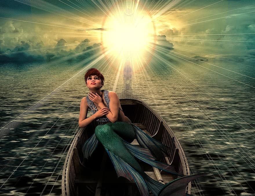 sirena, fantasia, llum solar, oceà, mar, Conte de fades, aigua, dona de fantasia, màgia, femella, llegenda
