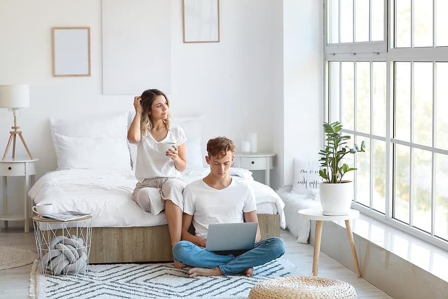 couple, bedroom, laptop, young, together, male, female, man, woman, people, computer
