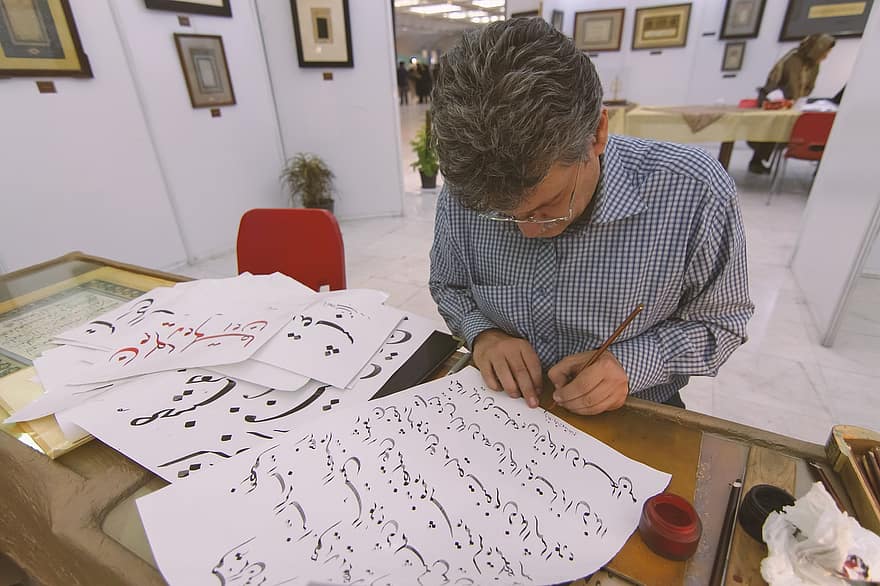 kalligrafi, kunstner, islamisk kunst, muslim, iransk, islam, mand, skrivning, kultur, traditionel, kunst